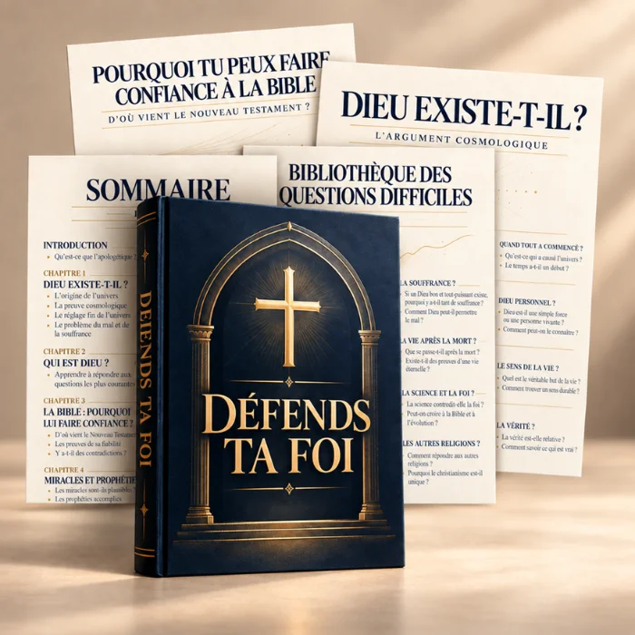 Défendez votre foi : livre à la couverture bleu foncé et dorée, accompagné de fiches présentant des arguments et des réponses sur Dieu, la Bible et la foi.