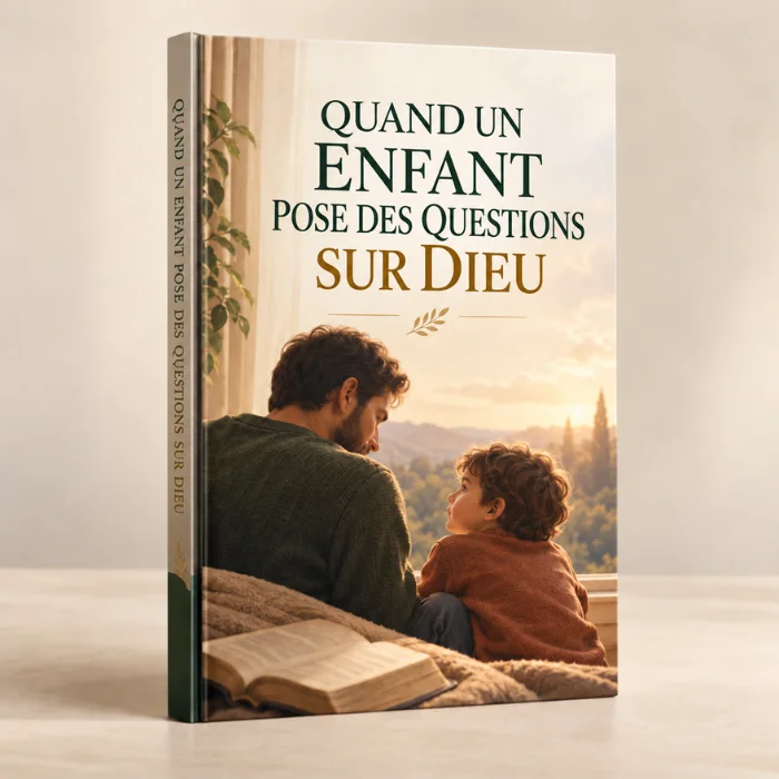 Quand un enfant pose des questions sur Dieu : guide dont la couverture représente un père et son fils à côté d’une Bible.